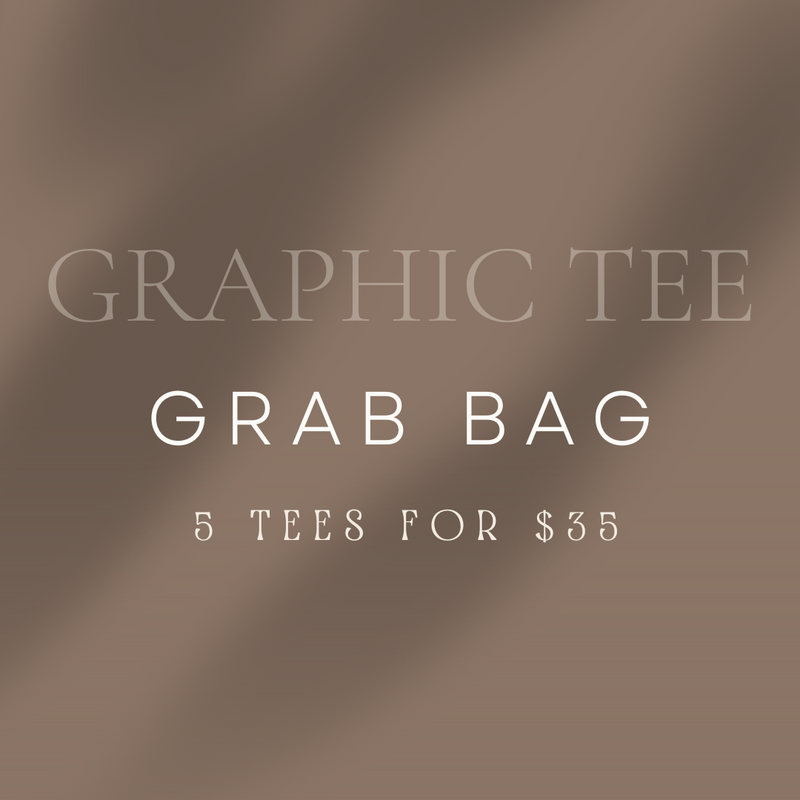 GRAPHIC TEE GRAB BAG- RUNNN! 5 TEES INCLUDED!  It's time for us to clean out some inventory.. you know what that means!  These bags will be a mixture of seasonal and every day designs. They are pre-pulled and a complete mystery of whats inside! Each bag will include 5 tees for 35!!   THIS IS A STEAL! At this price, they make great gifts!  All sales are final.