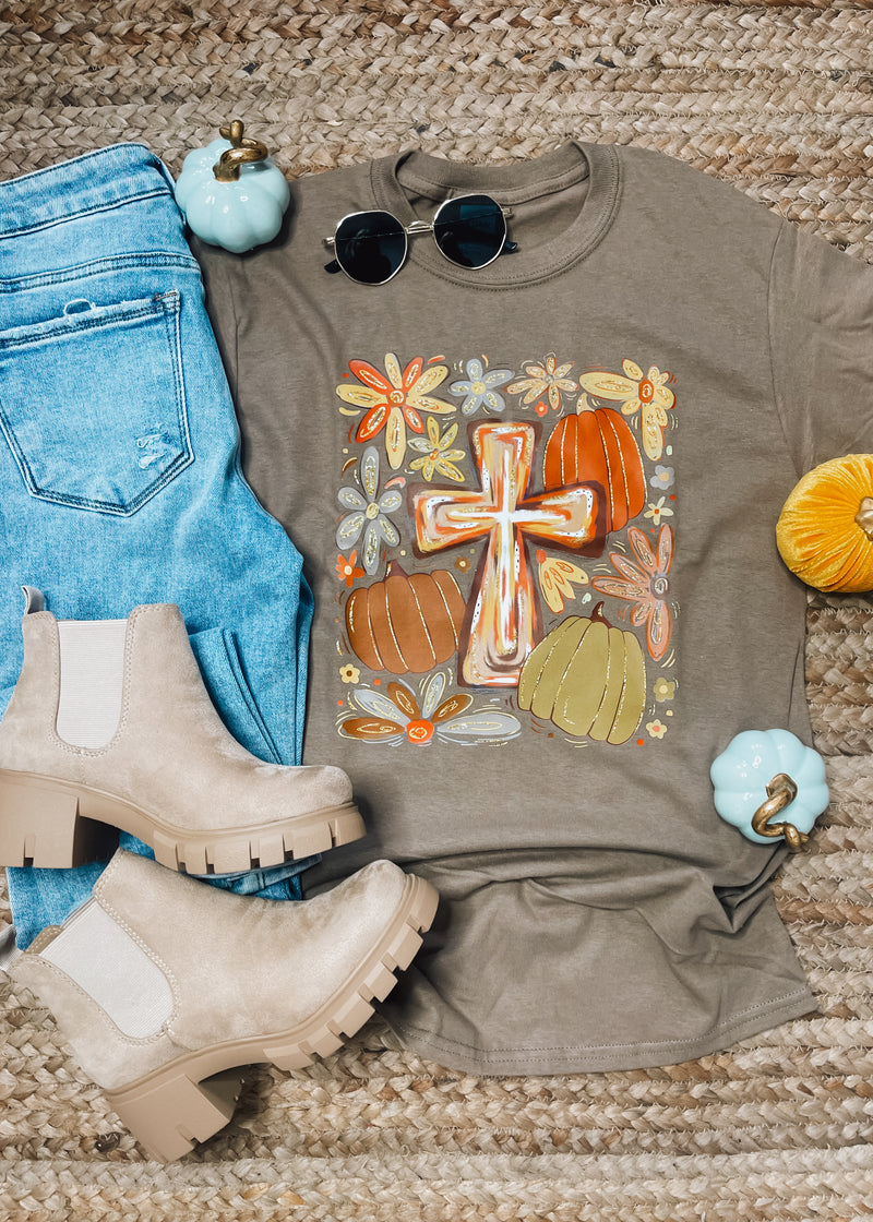 Boho Fall Floral Cross Graphic Tee (S-2XL)