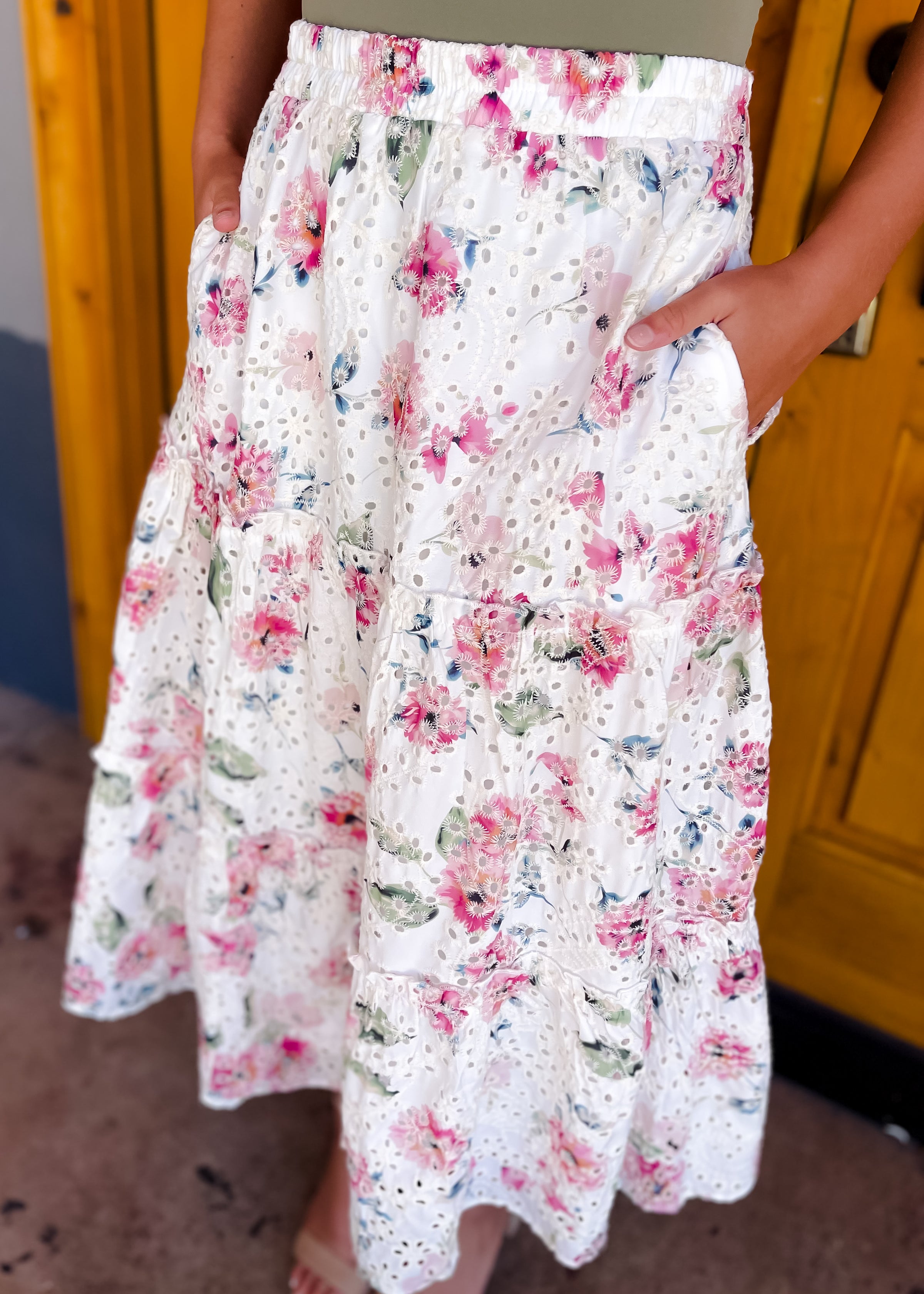 All the Attention Crochet Eyelet Floral Lace Midi Skirt
