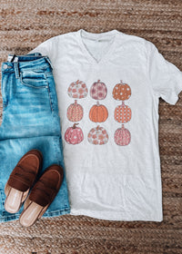 Girly Pumpkin Grid V-Neck Graphic Tee (S-2XL)