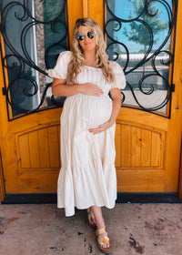 All For It Cream Pintuck Puff Sleeve Midi Dress