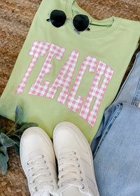 Teach Pink Gingham Graphic Tee- Kiwi(S-2XL)