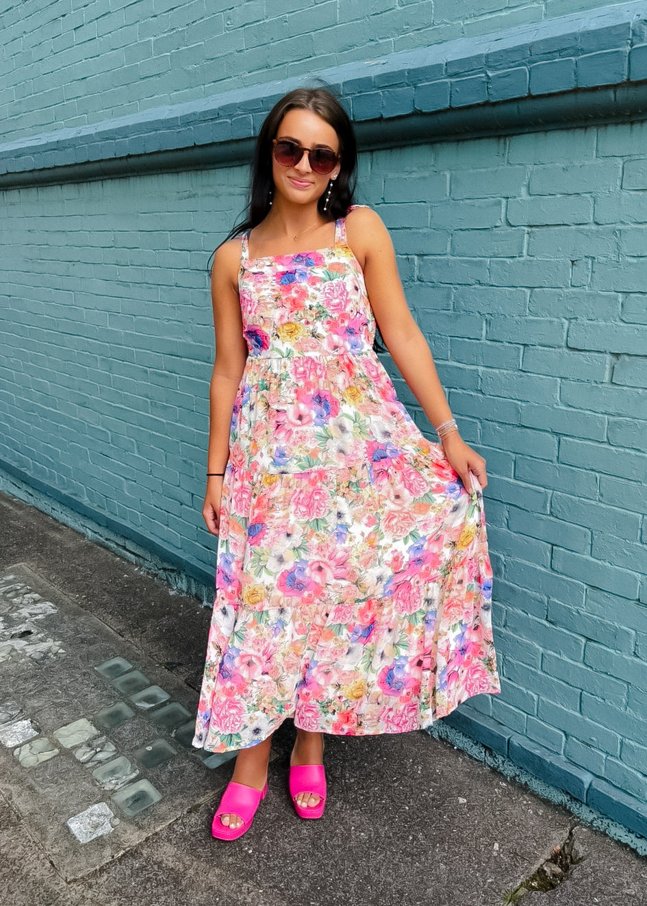 Flower Party Smocked Tie Shoulder  Midi Dress