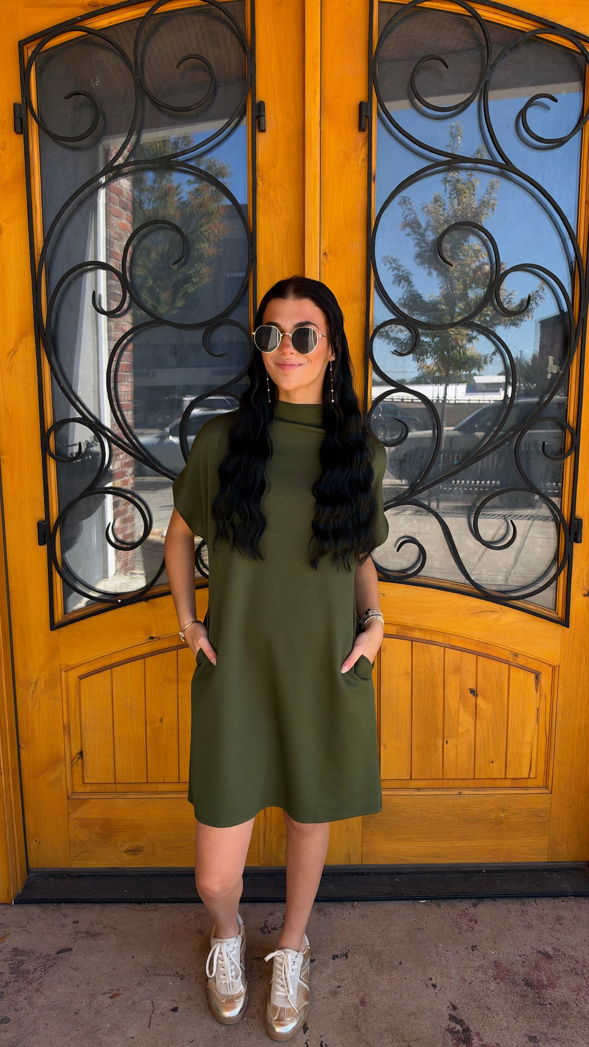 Short And Sweet Scuba Mock Neck Dress (S-XL)- Olive