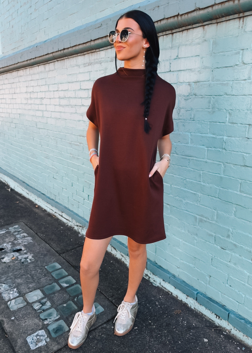 Short And Sweet Scuba Mock Neck Dress (S-XL) - Brown