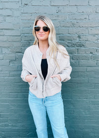 Let Me Think On It Snap Button Bomber Jacket