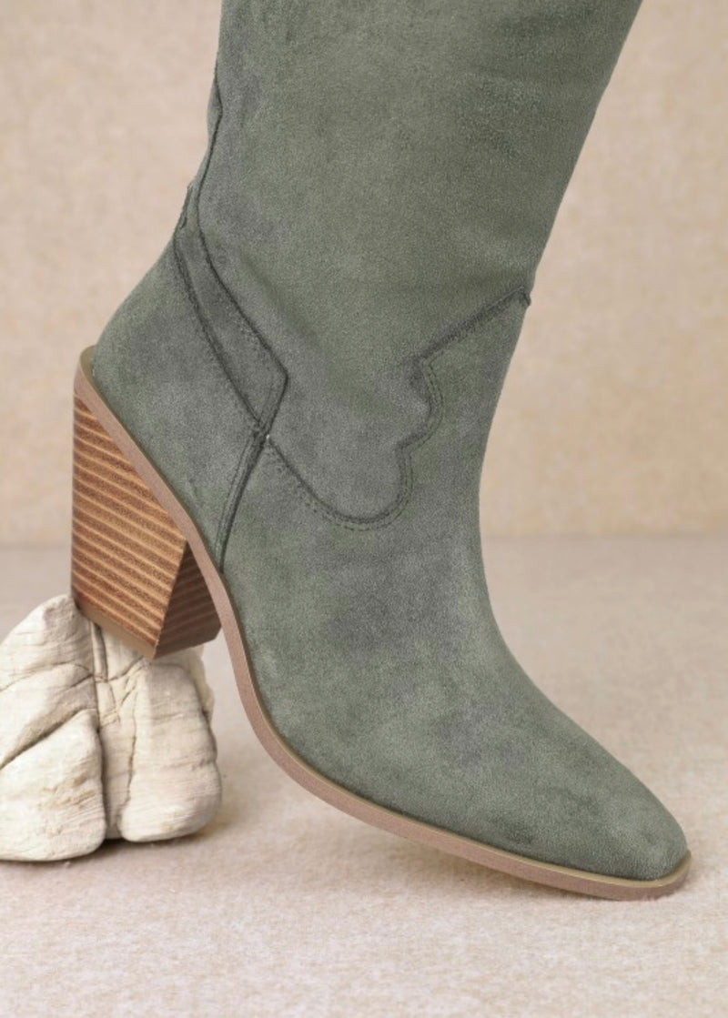 Slay The House Suede Western Boots - Olive