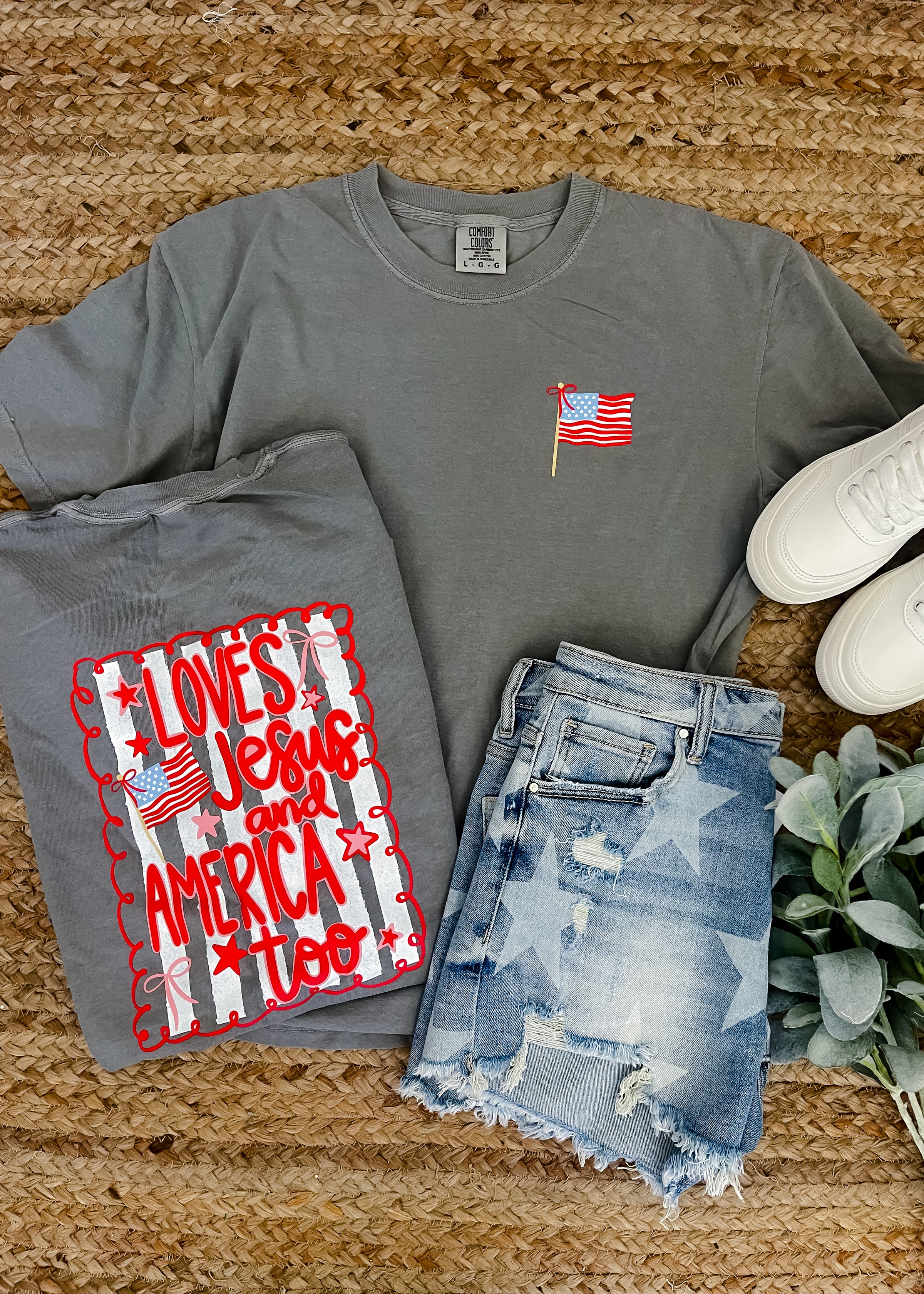 Loves Jesus And America Too Graphic Tee (S-2XL) Pocket and Back