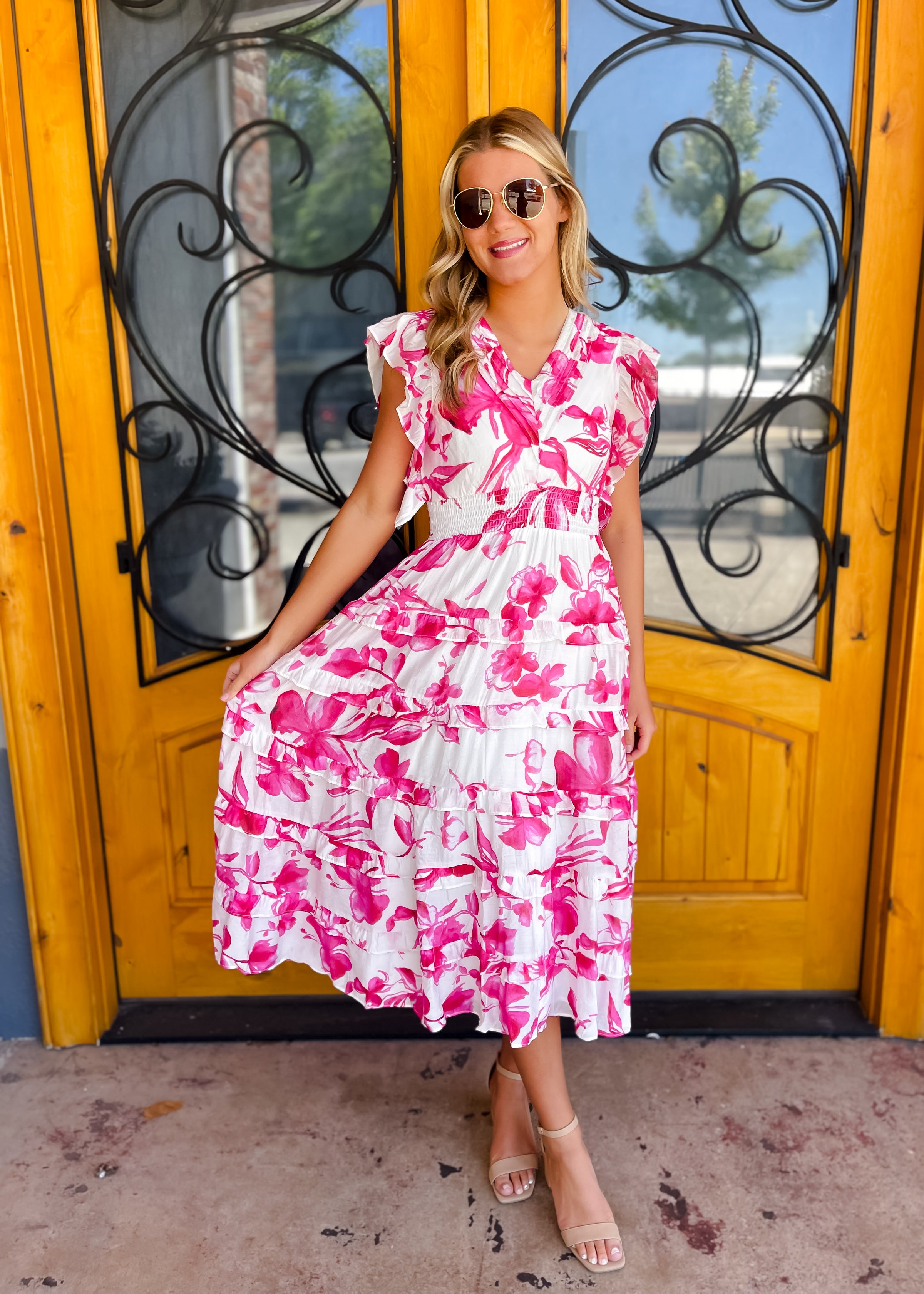 Petals On Display Pleated Ruffled Midi Dress