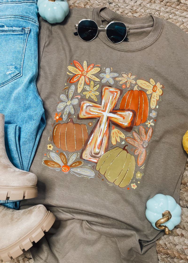 Boho Fall Floral Cross Graphic Tee (S-2XL)
