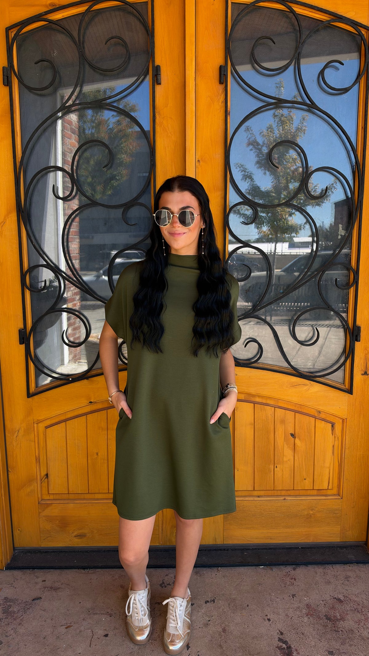 Short And Sweet Scuba Mock Neck Dress (S-XL)- Olive