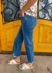 Like Second Nature Mid Rise Crop Straight Leg - Dark Wash Risen Jeans