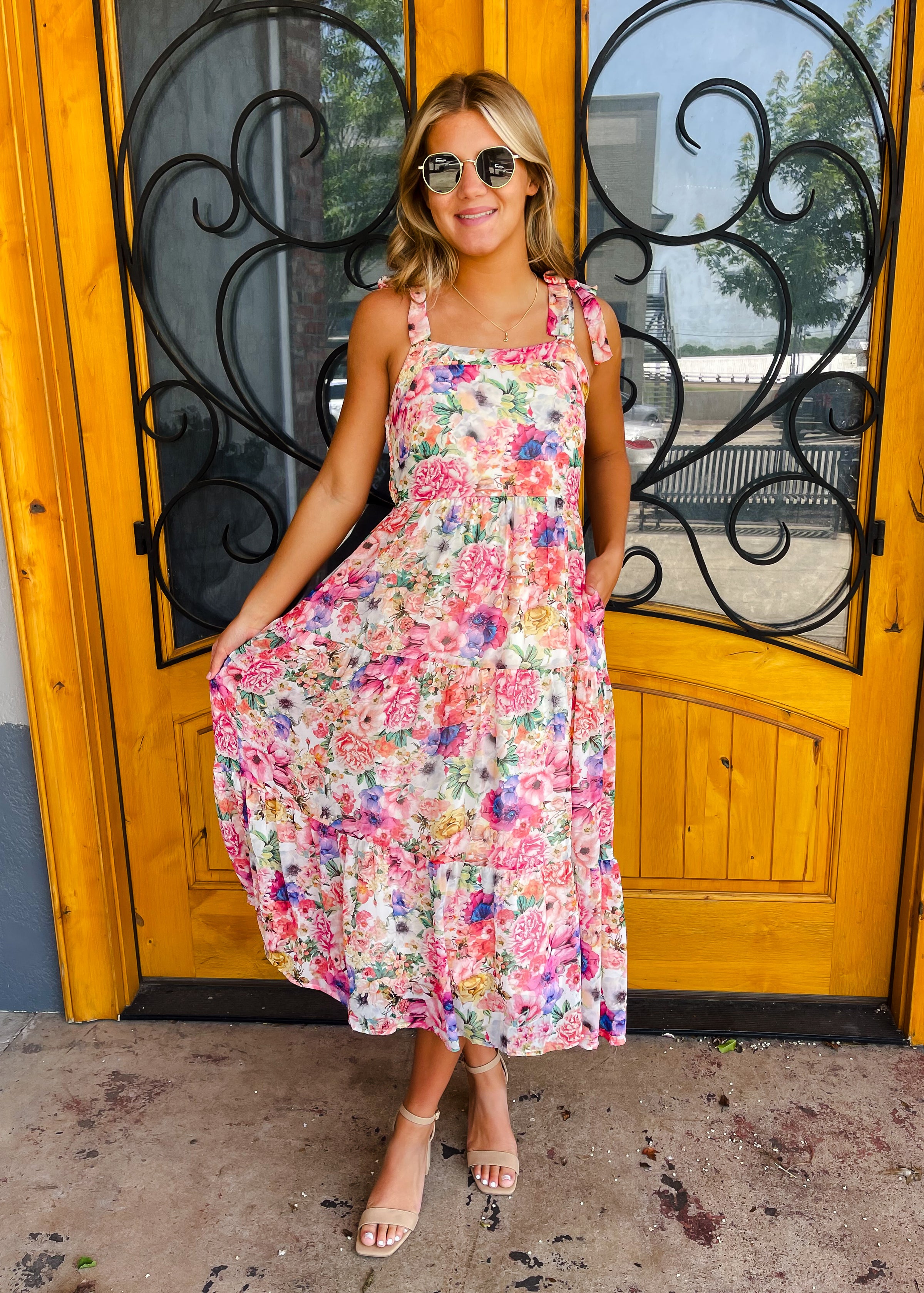 Flower Party Smocked Tie Shoulder  Midi Dress