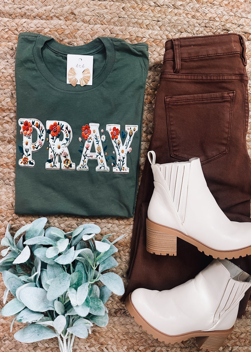 PRAY- Faux Floral Embroidered Graphic Tee (S-2XL)