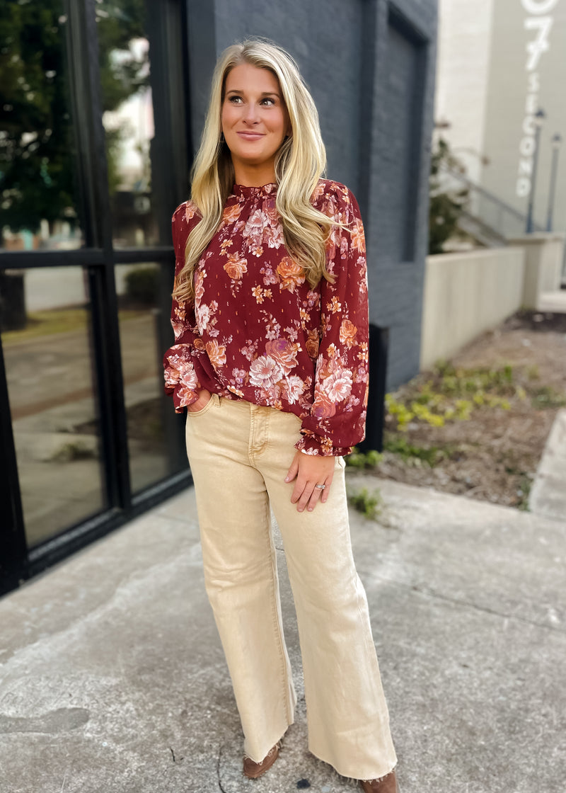 Still Thinking Latte Tummy Control Mid Rise Wide Leg- Risen Jeans