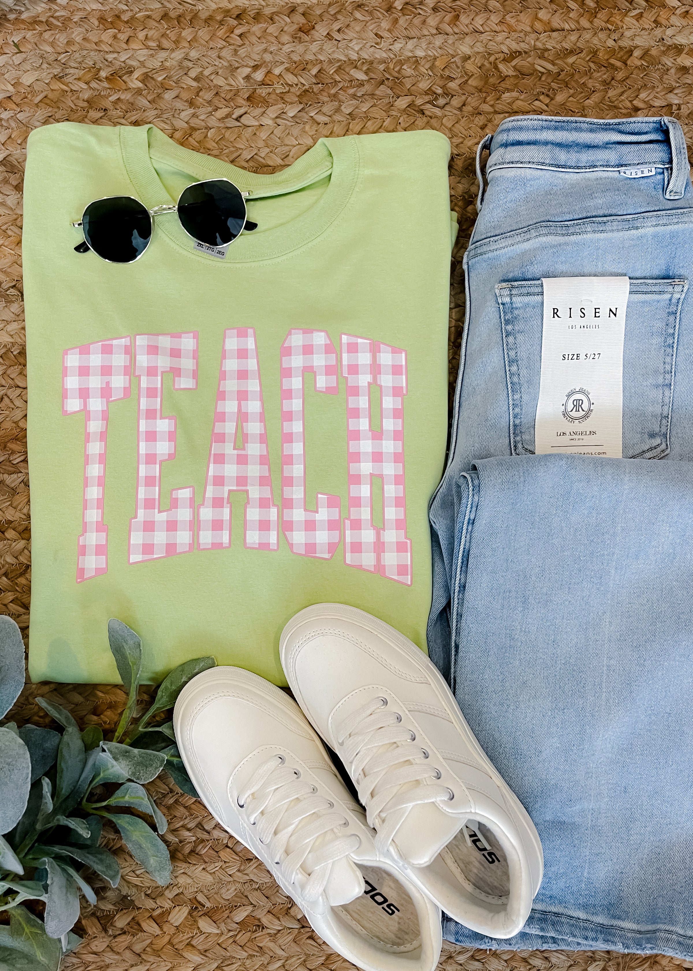 Teach Pink Gingham Graphic Tee- Kiwi(S-2XL)