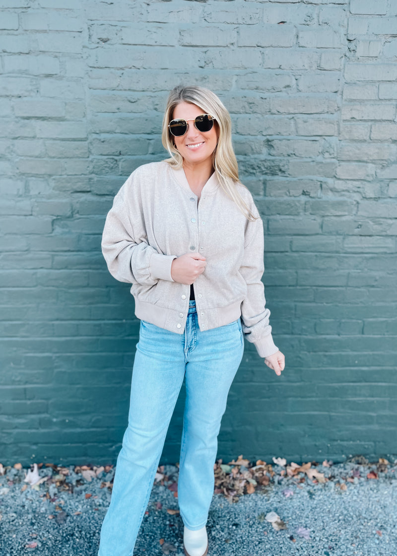 Let Me Think On It Snap Button Bomber Jacket