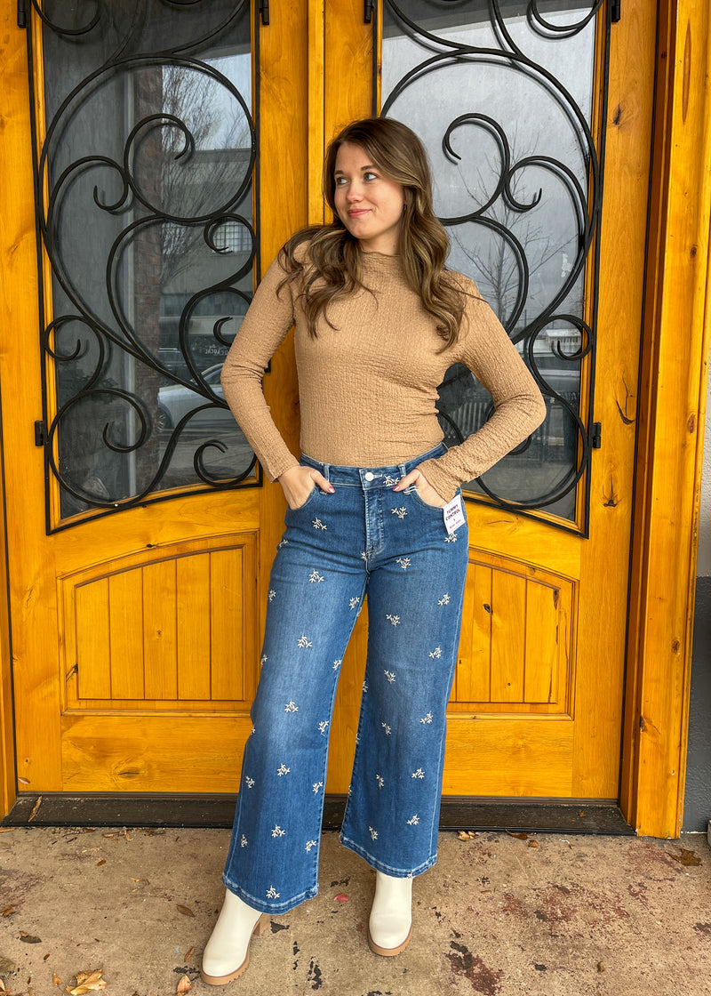 Petal Perspective Tummy Control Cropped Embroidered Risen Jeans