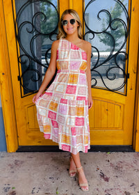 First Class Flirt Quilt Print One Shoulder Midi Dress