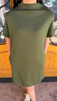 Short And Sweet Scuba Mock Neck Dress (S-XL)- Olive