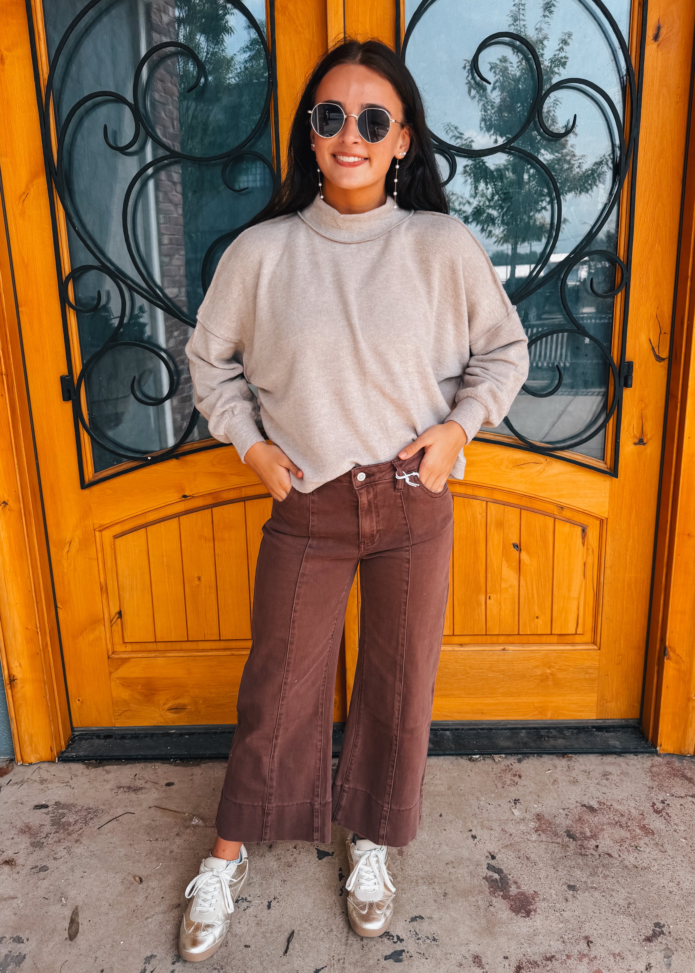 Forever Falling Mid Rise Cropped Wide Leg Jean - Brown