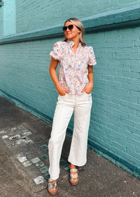 Delicate Floral Button Up Smocked Blouse