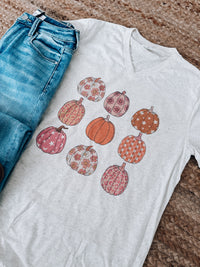 Girly Pumpkin Grid V-Neck Graphic Tee (S-2XL)