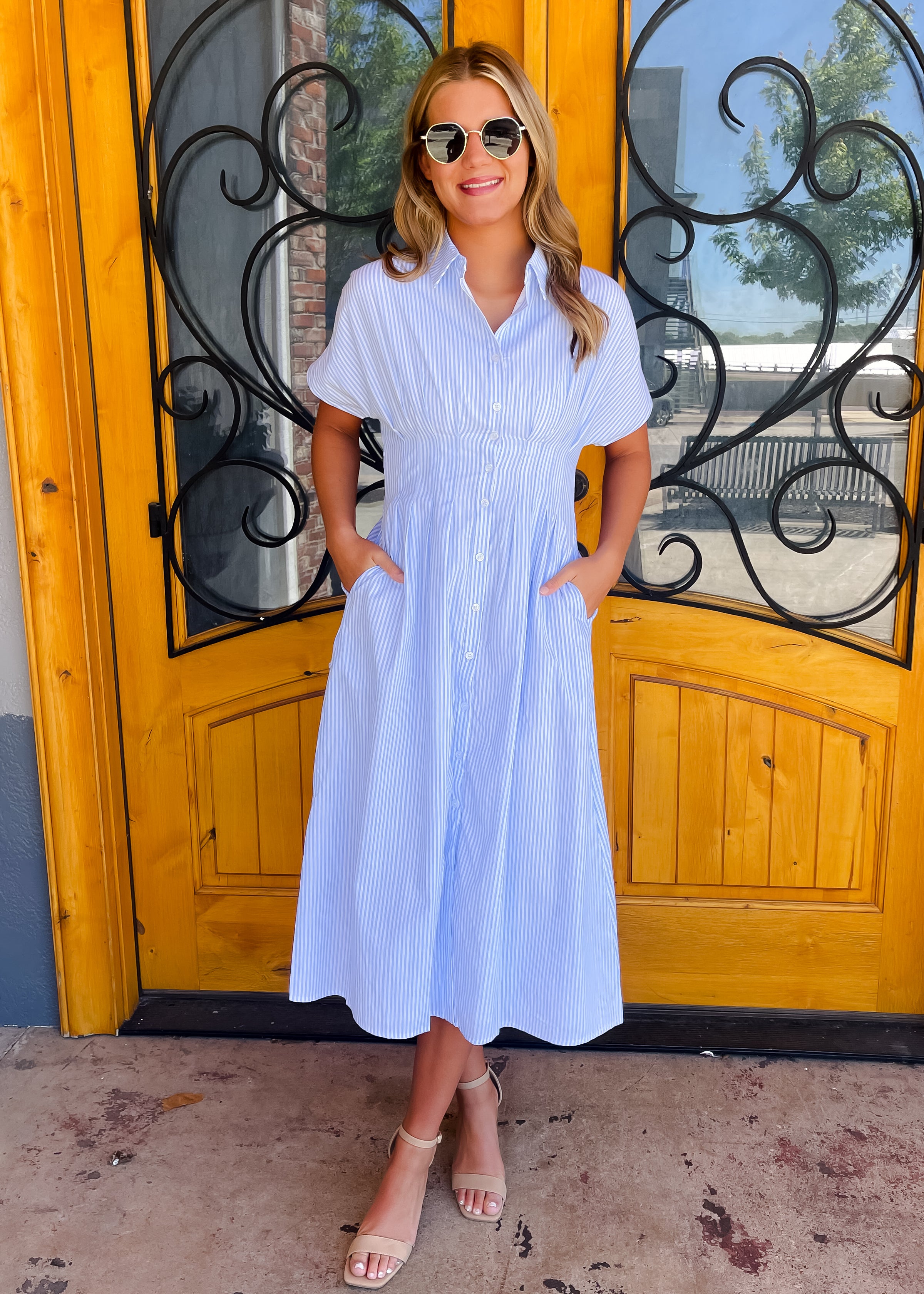 Stripe It Lucky Button Down Pintucked Waist Dress