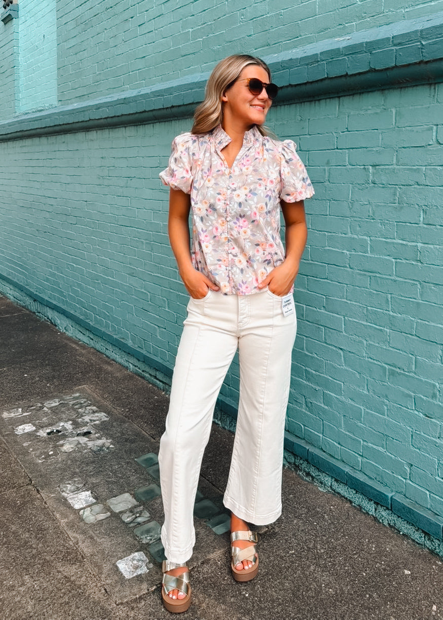 Delicate Floral Button Up Smocked Blouse