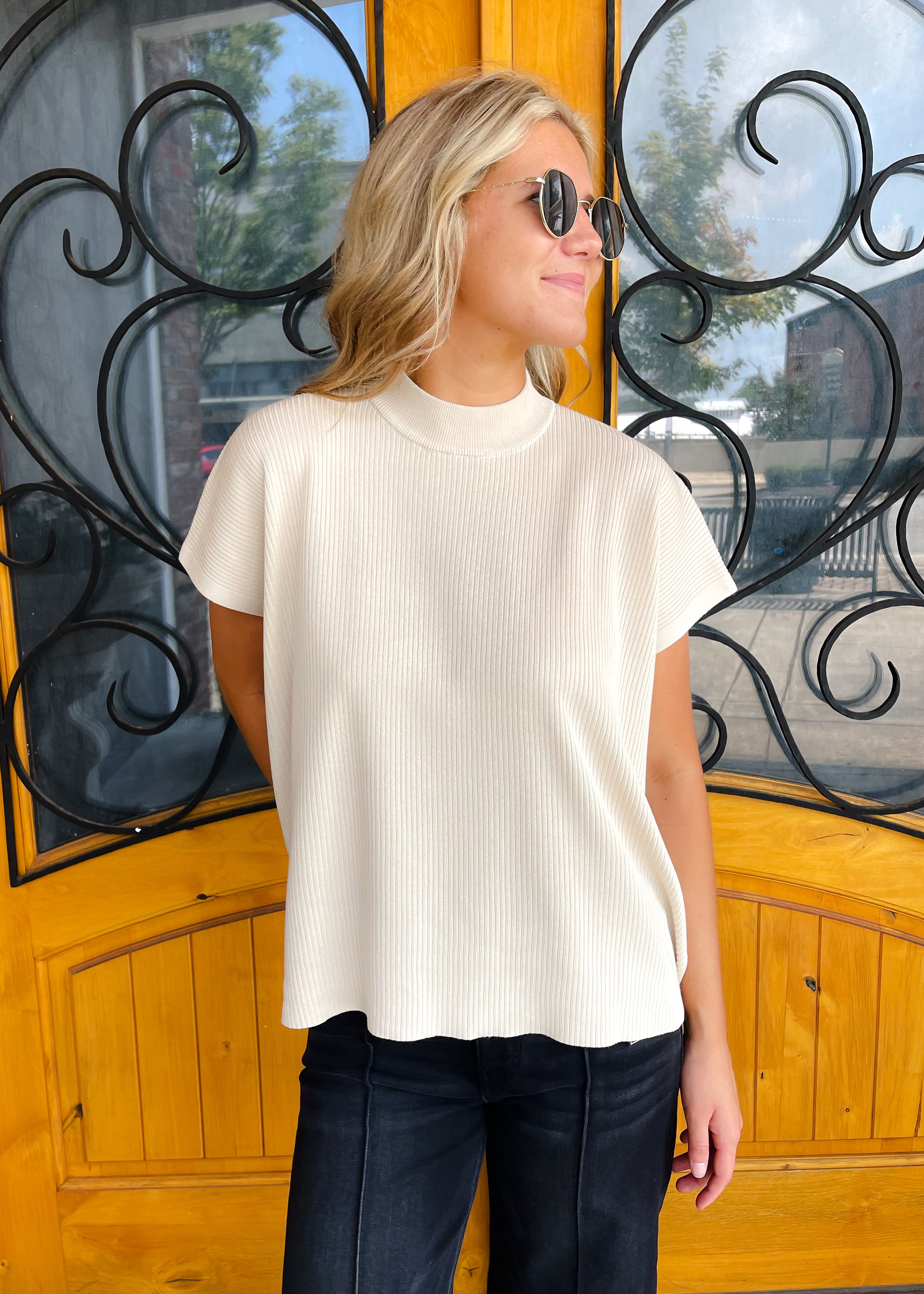 Let's Keep Moving Mock Neck Short Sleeve Boxy Sweater