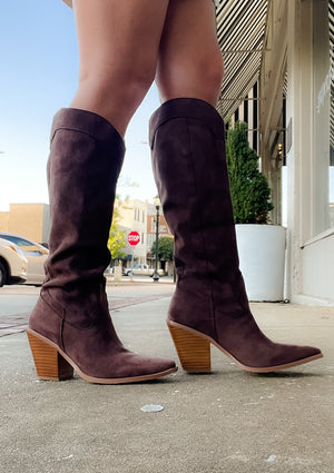 Slay The House Suede Western Boots - Dark Brown