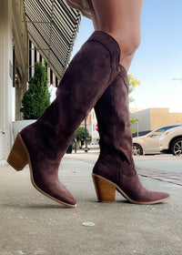 Slay The House Suede Western Boots - Dark Brown