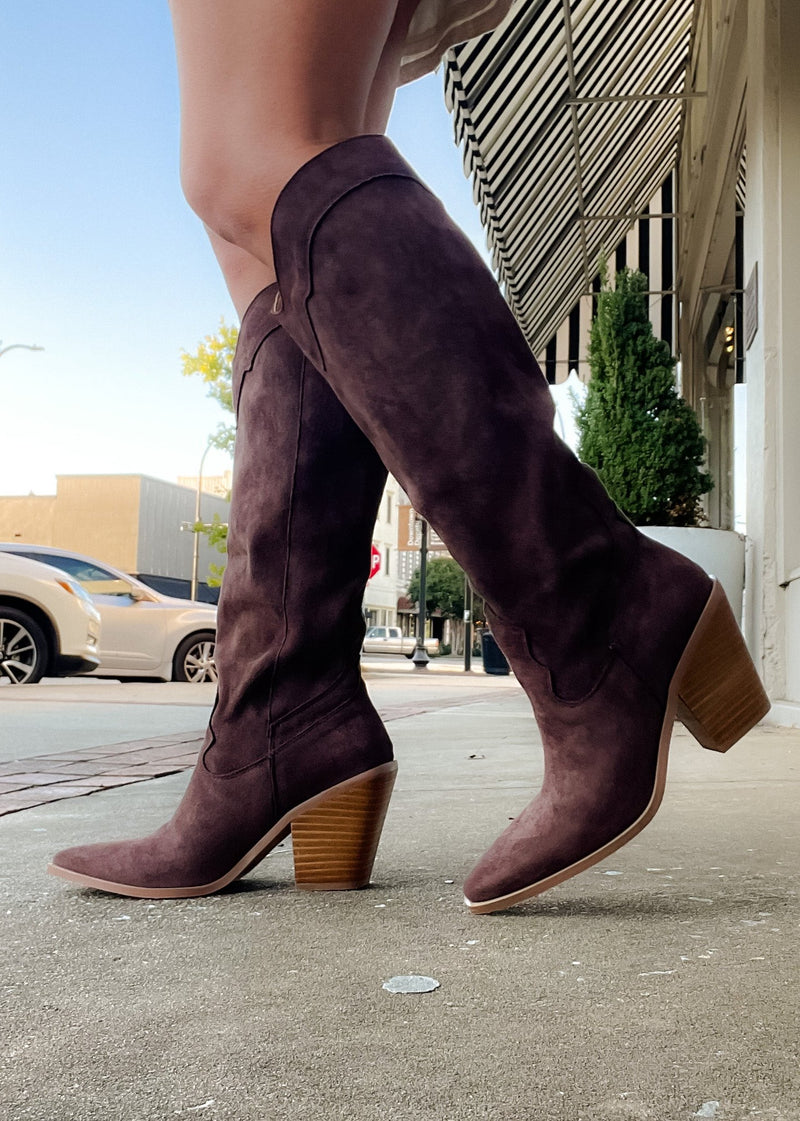 Slay The House Suede Western Boots - Dark Brown