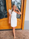 Add a little sass to your wardrobe with this oh-so-flattering asymmetrical one shoulder dress. Features a mini length, sheer puff sleeve and a hidden side zipper for a fitted fit. Perfect for all of our bride to be! Be the best dress anytime you walk into a room with the A Little Sass One Shoulder Dress. 