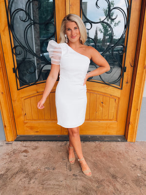 Add a little sass to your wardrobe with this oh-so-flattering asymmetrical one shoulder dress. Features a mini length, sheer puff sleeve and a hidden side zipper for a fitted fit. Perfect for all of our bride to be! Be the best dress anytime you walk into a room with the A Little Sass One Shoulder Dress. 