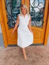 Look no further than the Peaceful Love Midi Dress for the perfect bridal outfit! With its sleek white construction, sleeveless design, V-neckline, and elastic waist band, this collared midi dress is a fan favorite. Make it yours and make 'em swoon!