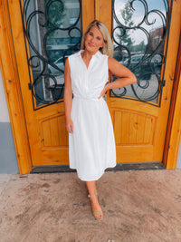 Look no further than the Peaceful Love Midi Dress for the perfect bridal outfit! With its sleek white construction, sleeveless design, V-neckline, and elastic waist band, this collared midi dress is a fan favorite. Make it yours and make 'em swoon!