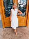 Look no further than the Peaceful Love Midi Dress for the perfect bridal outfit! With its sleek white construction, sleeveless design, V-neckline, and elastic waist band, this collared midi dress is a fan favorite. Make it yours and make 'em swoon!