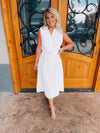 Look no further than the Peaceful Love Midi Dress for the perfect bridal outfit! With its sleek white construction, sleeveless design, V-neckline, and elastic waist band, this collared midi dress is a fan favorite. Make it yours and make 'em swoon!