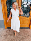 Look no further than the Peaceful Love Midi Dress for the perfect bridal outfit! With its sleek white construction, sleeveless design, V-neckline, and elastic waist band, this collared midi dress is a fan favorite. Make it yours and make 'em swoon!