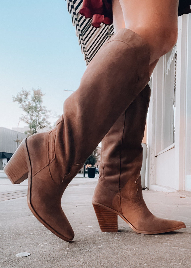 Slay The House Suede Western Boots - Brown