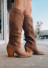 Slay The House Suede Western Boots - Brown