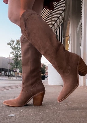 Slay The House Suede Western Boots - Brown