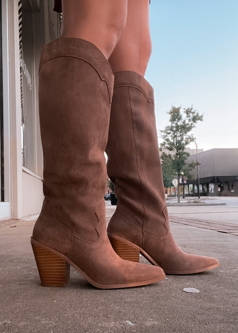 Slay The House Suede Western Boots - Brown