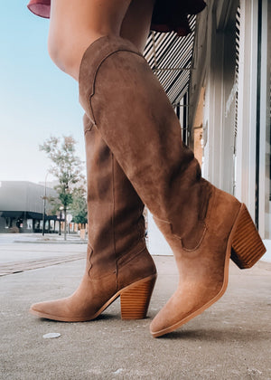 Slay The House Suede Western Boots - Brown