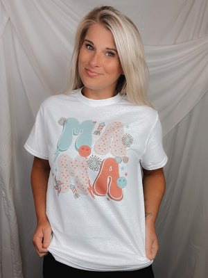Ready for the big fireworks show? This Patriotic Retro Mama Graphic Tee is perfect for celebrating the 4th in style! Show off your Mama pride with this cute graphic design featuring firework bursts, laughs and sunnies. Rock it with a pair of shorts and let your cool and patriotic vibes shine!