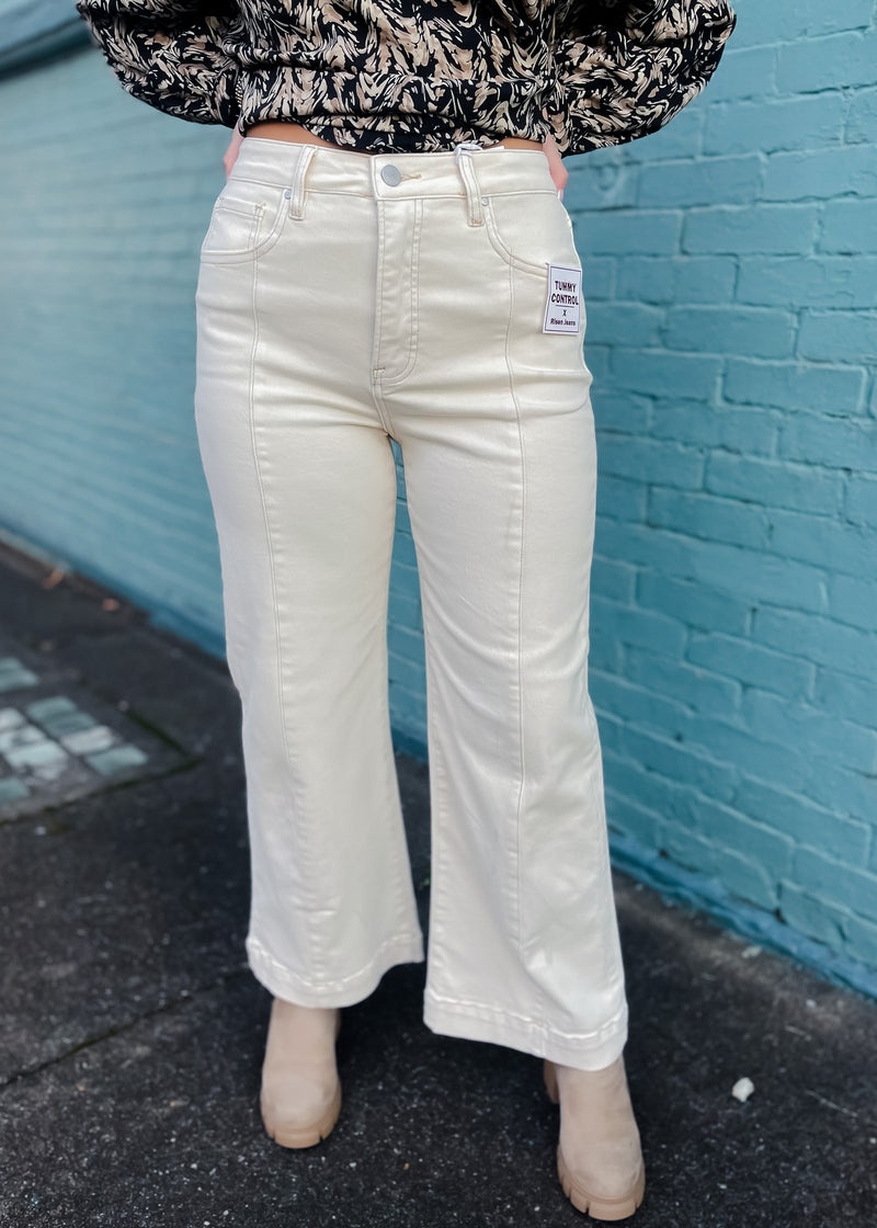 Without Thinking Ivory Tummy Control High Rise Line Detail Wide- Risen Jeans