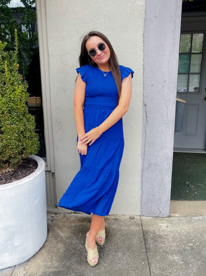 Fine Example Royal Blue Smocked Midi Dress