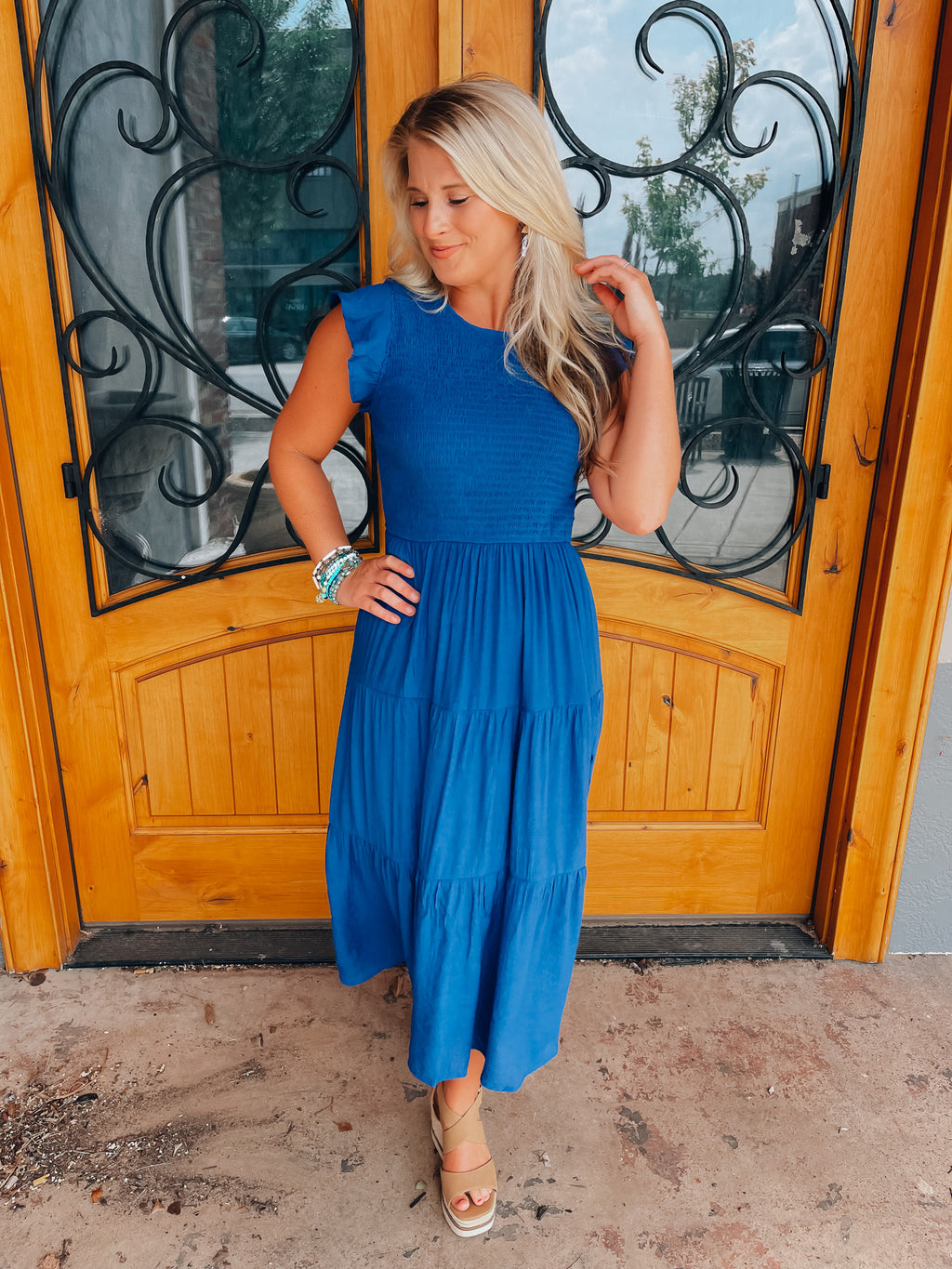 Look no further for your fave new dress: The Everlasting Love Midi is a royal blue ruffled dream, with smocked tiers and figure-flattering fit. Not to mention the stunning color – hearts will be aflutter! You'll be the belle of the ball in this flirty, fun ensemble.