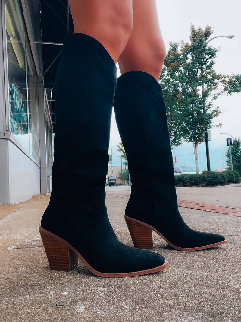 Slay The House Suede Western Boots -Black